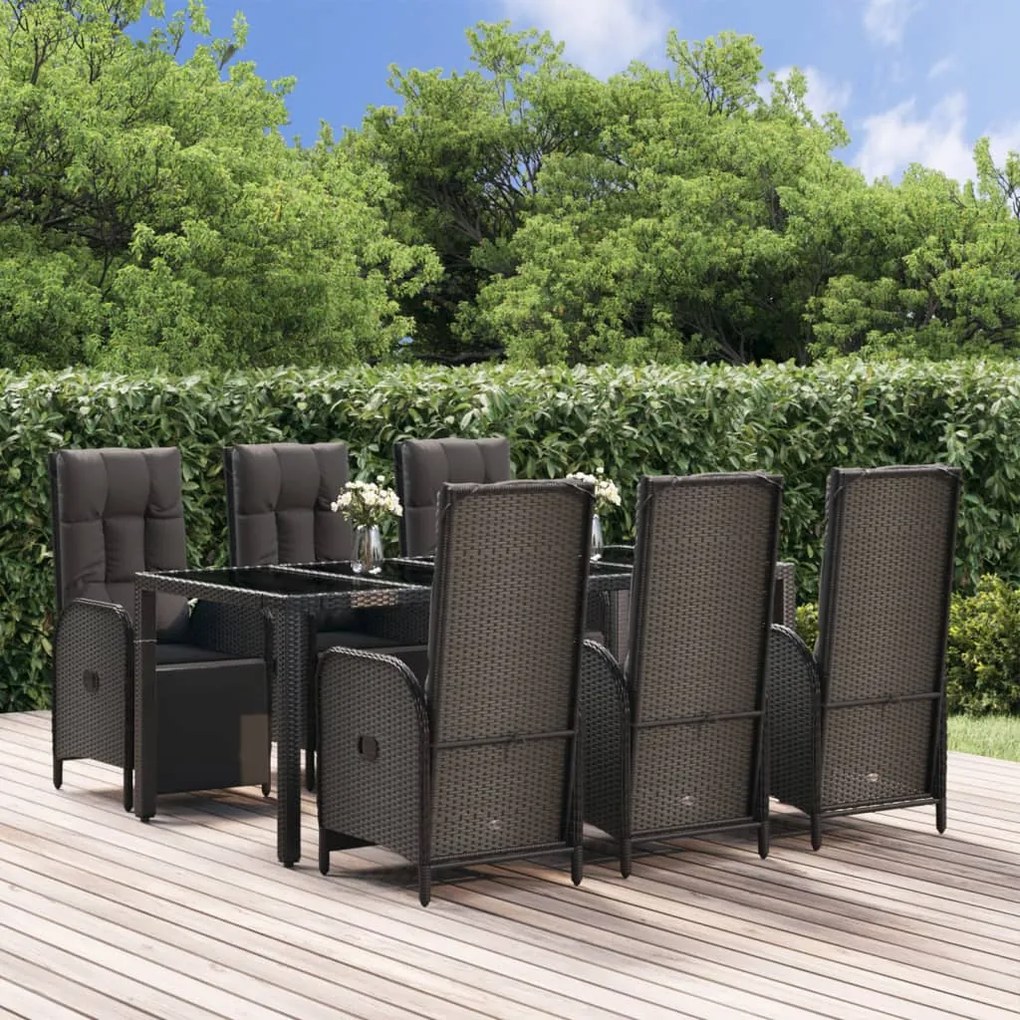 Set da pranzo da giardino 7 pz nero con cuscini in polyrattan