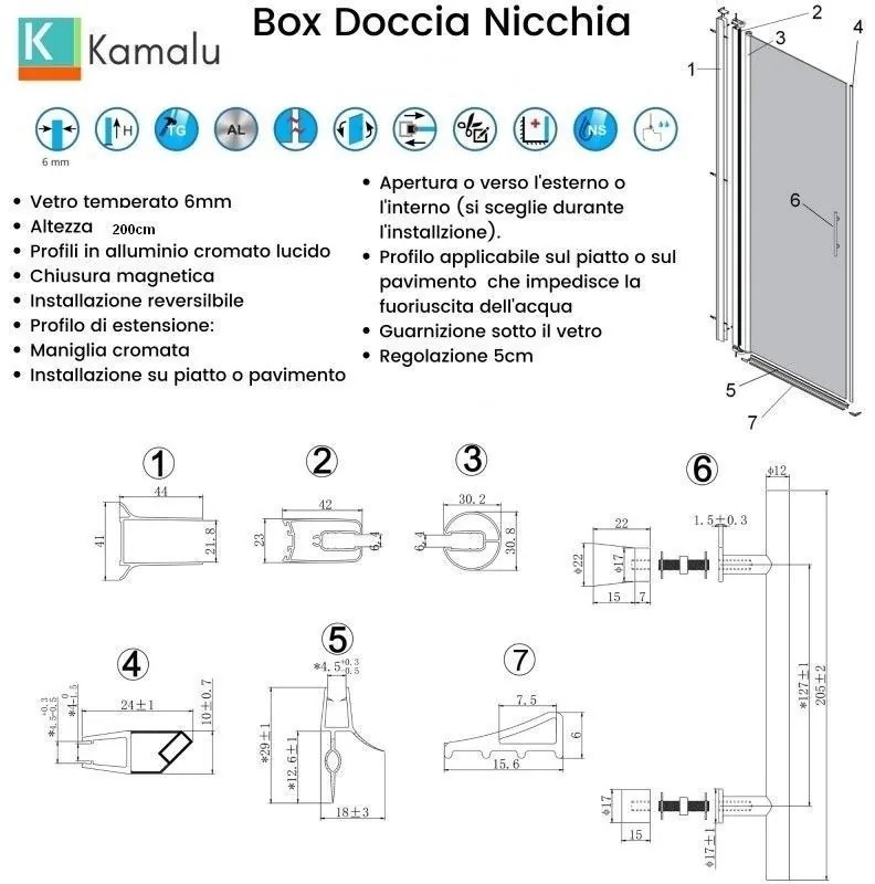 Kamalu - porta doccia battente 90 cm telaio nero vetro fumé altezza 200h | ks2800nf