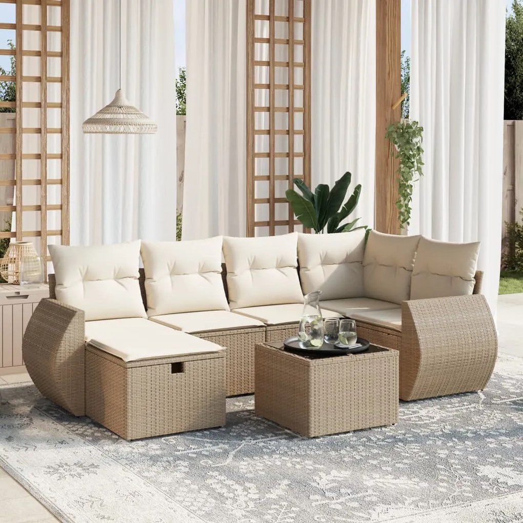 Set divani da giardino 7 pz con cuscini beige in polyrattan