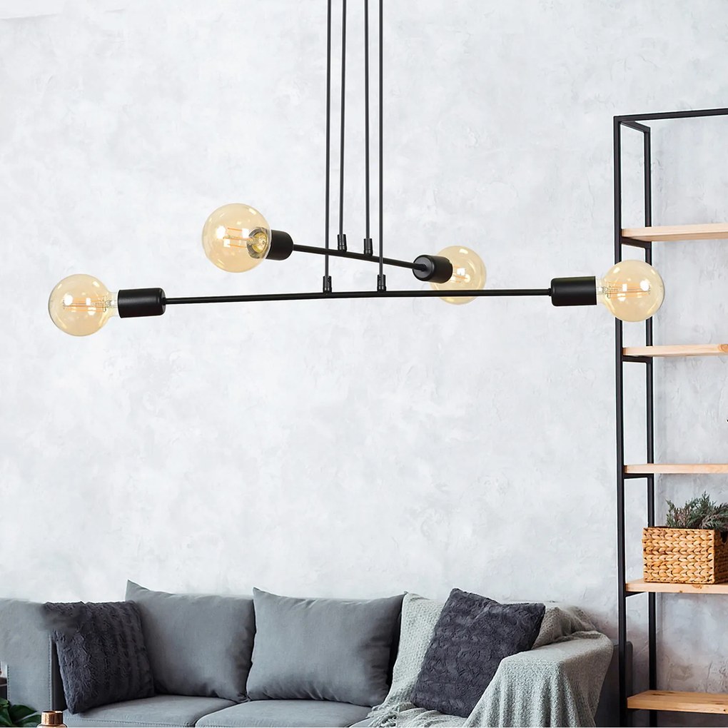 Lampadario Industrial 4 Luci Multiplo In Acciaio Nero A Bracci