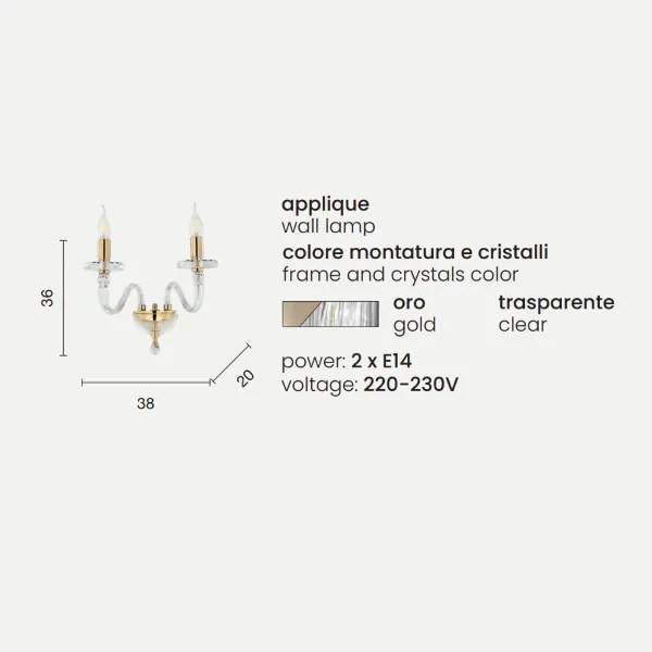 Lampada Applique da parete BACH senza paralume in vetro trasparente 2 LUCI ORO