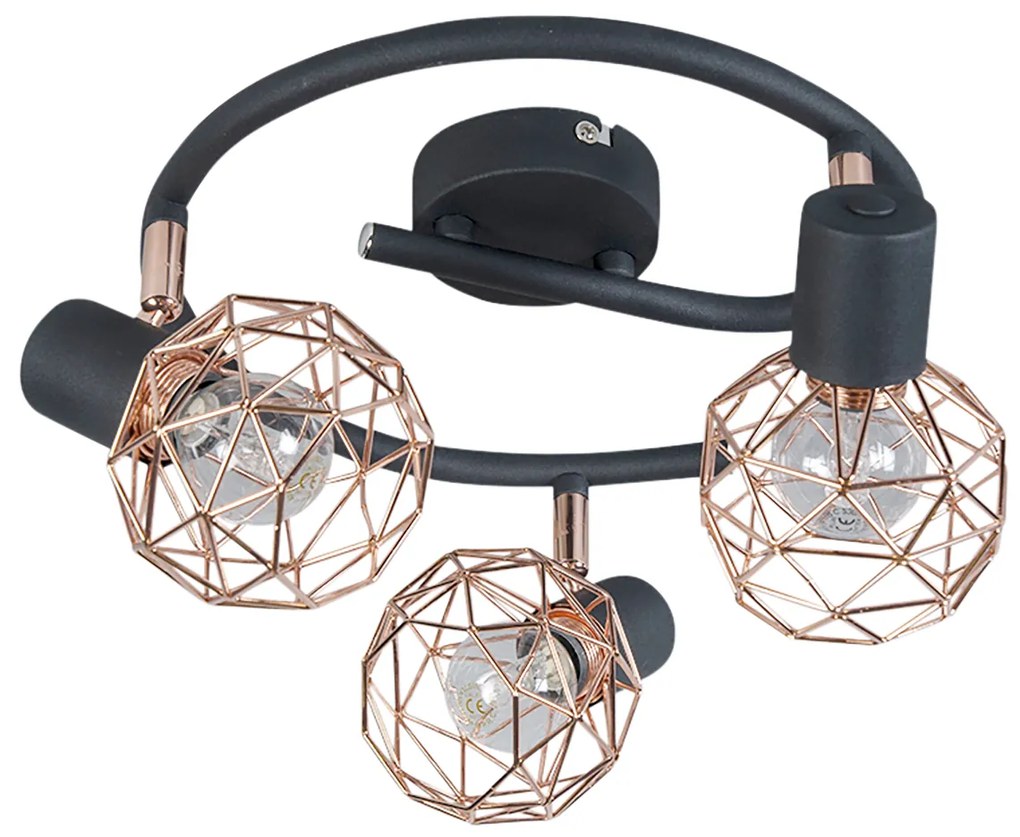 Faretto moderno nero con rame 3 luci - Mesh