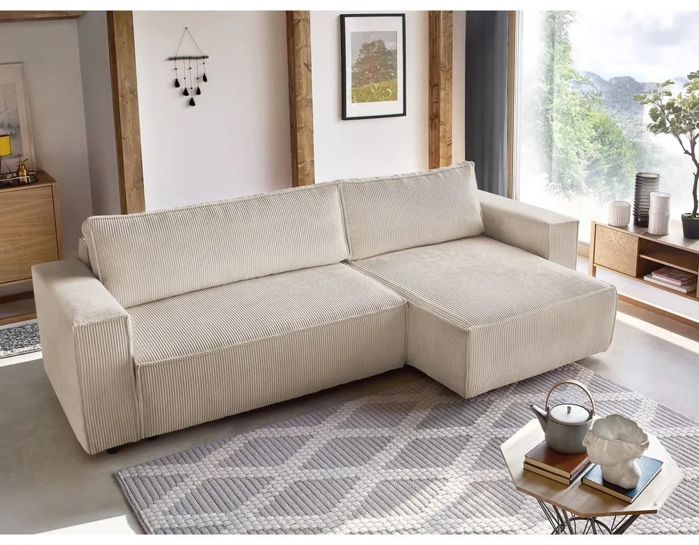 Divano letto in velluto a coste bianco e beige divano letto angolare Nihad - Bobochic Paris