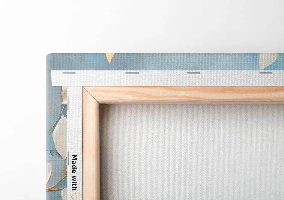 Quadro su tela – Foglie oro-bianche su sfondo blu