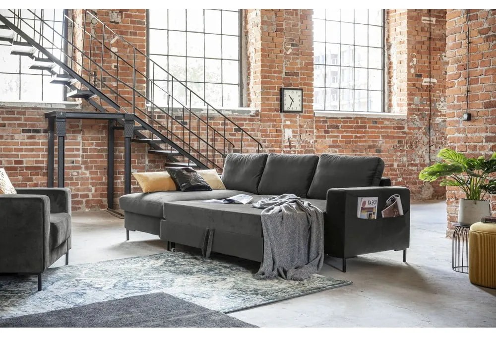 Divano letto angolare in velluto grigio scuro, angolo sinistro Lofty Lilly - Miuform