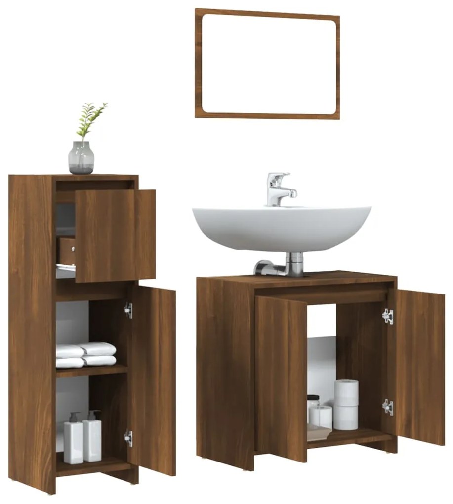 Set mobili da bagno 3 pz rovere marrone in legno multistrato