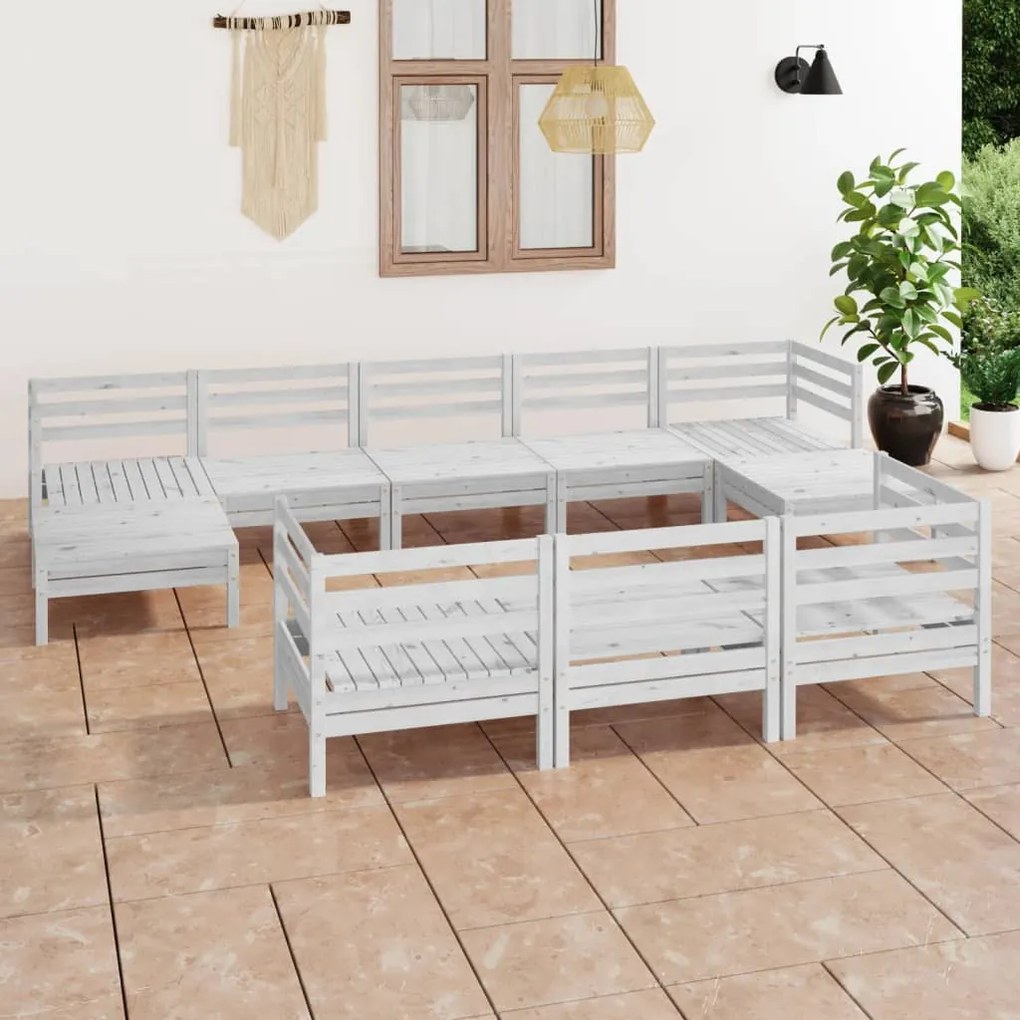 Set Salotto da Giardino 10 pz in Legno Massello di Pino Bianco