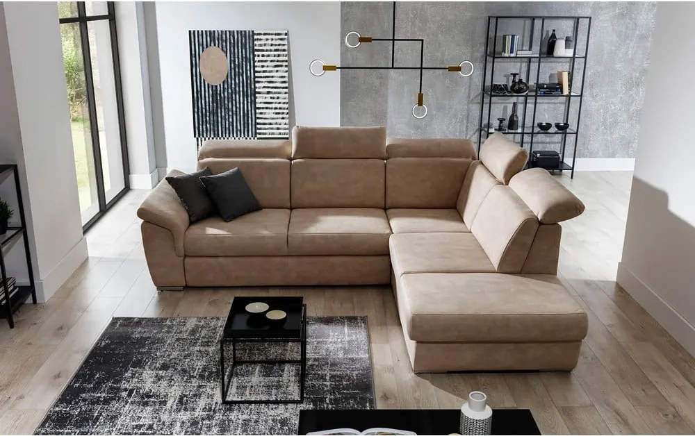 Divano angolare beige allungabile/con contenitore (con penisola a destra/a L) e rivestimento in velluto Loreto – ELTAP