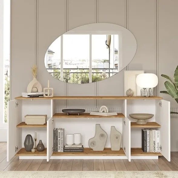 Credenza Moderna 4 Ante 180x45x75 Con Vano A Giorno Bianco E Rovere Frame