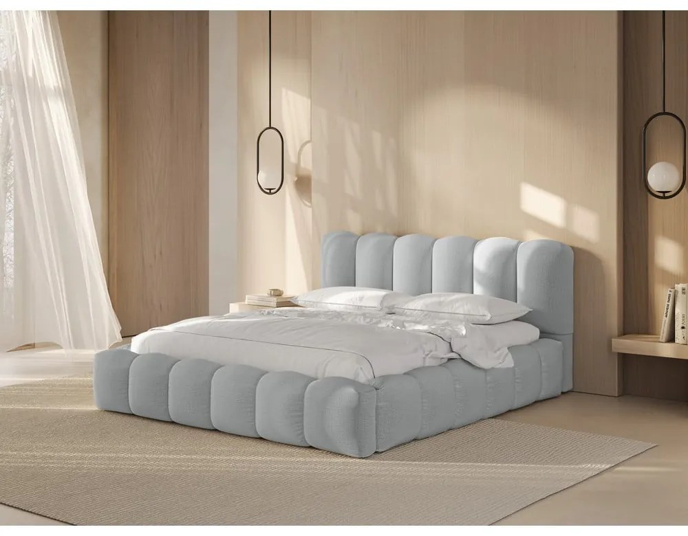 Letto matrimoniale imbottito in grigio chiaro con contenitore con rete inclusa 160x200 cm Lupine – Micadoni