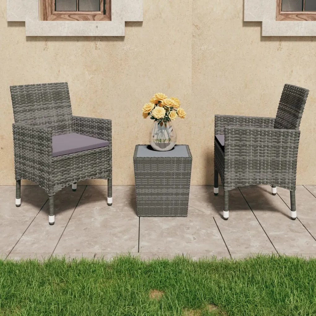 Set Bistrot Giardino 3 Pz Polyrattan E Vetro Temperato Grigio /
