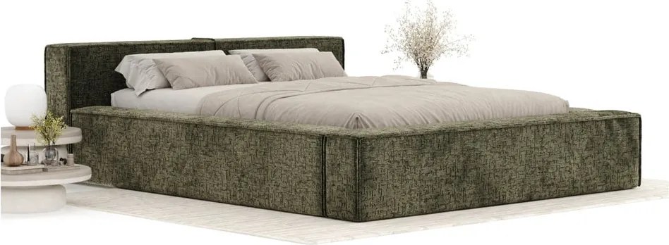 Letto matrimoniale imbottito verde scuro con contenitore e rete inclusi 160x200 cm Voliera – Maison de Rêve