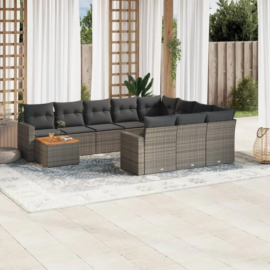 Set divani da giardino 11 pz con cuscini in polyrattan grigio