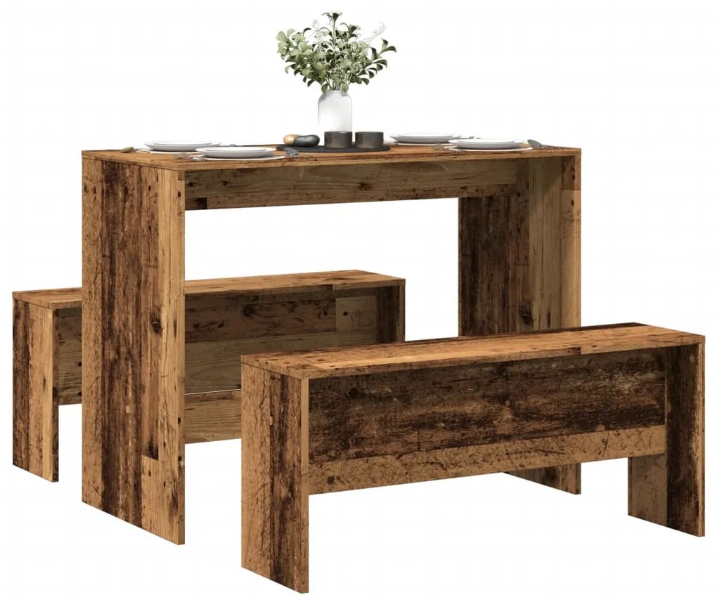 Set Tavolo Da Pranzo E Panche 3 Pz Legno Antico İn Truciolato /