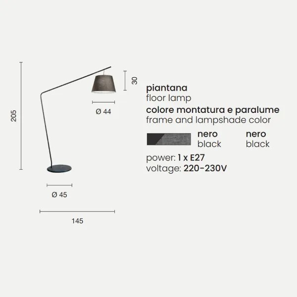Piantana H205 cm con struttura in metallo Nero e paralume in pvc VELVET