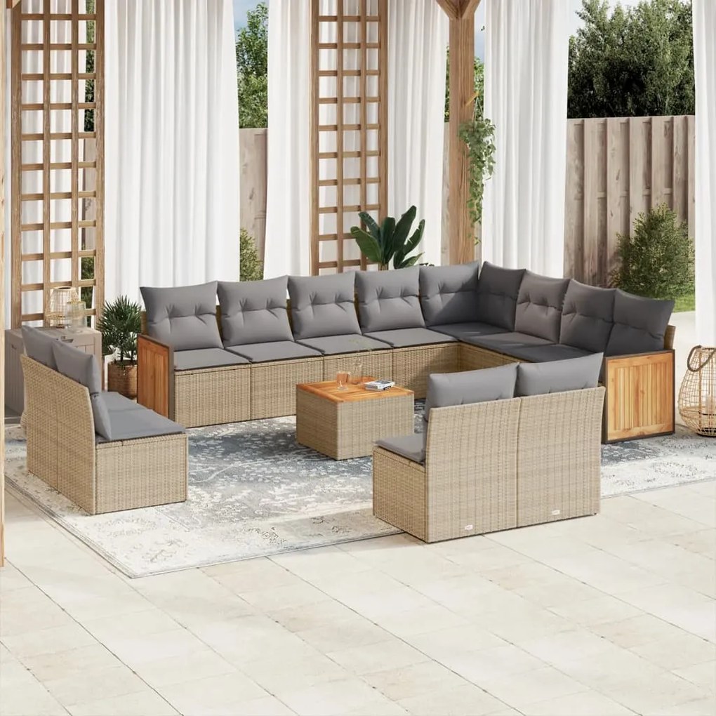 Set divano da giardino 13 pz con cuscini beige in polyrattan