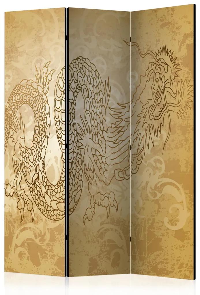 Paravento design Drago (3-parti) - composizione con ornamenti orientali in oro