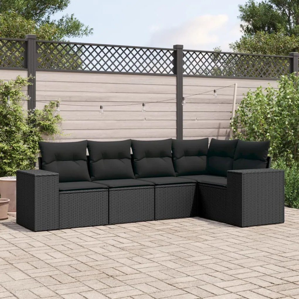 Set divani da giardino 5 pz con cuscini in polyrattan nero