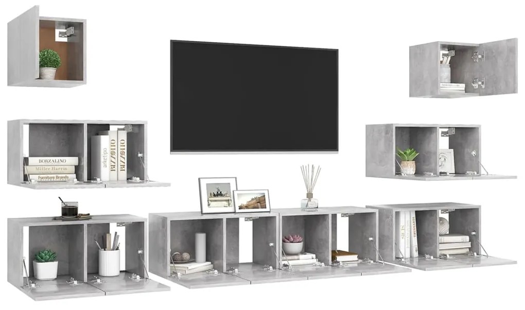 Set porta tv 8 pz grigio cemento in truciolato