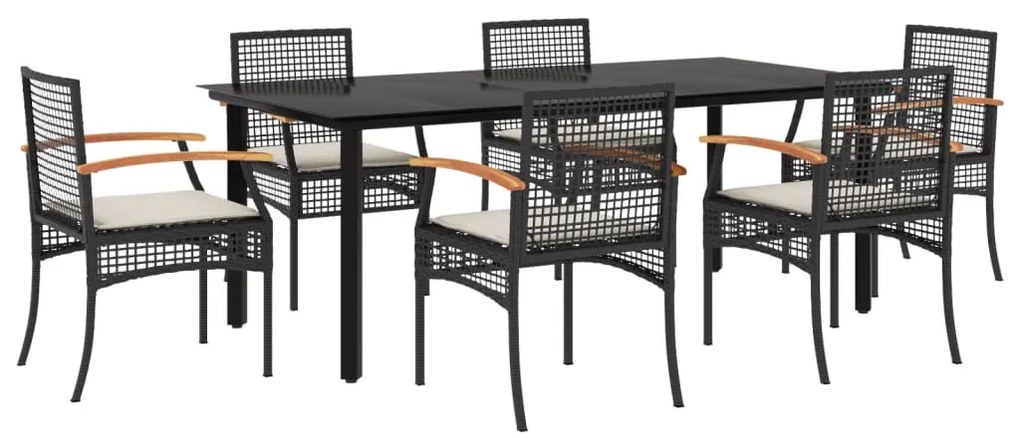 Set da pranzo da giardino 7 pz nero con cuscini in polyrattan