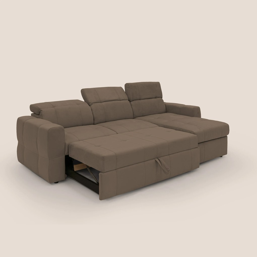 Kronos Divano angolare con pouf estraibile e penisola contenitore in microfibra impermeabile T11 marrone