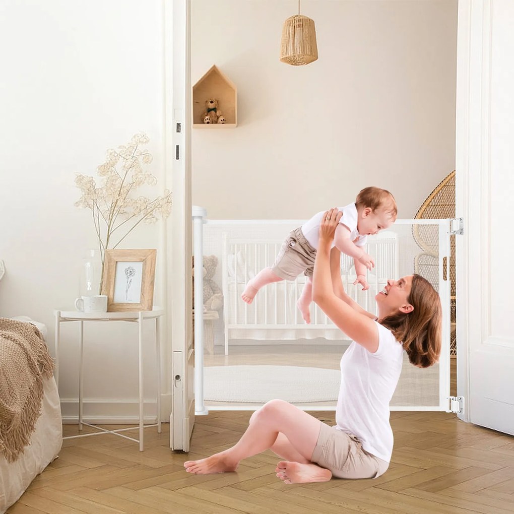 Costway Rete di sicurezza retrattile, Cancello 137 cm per bambini con materiale durevole, Bianco