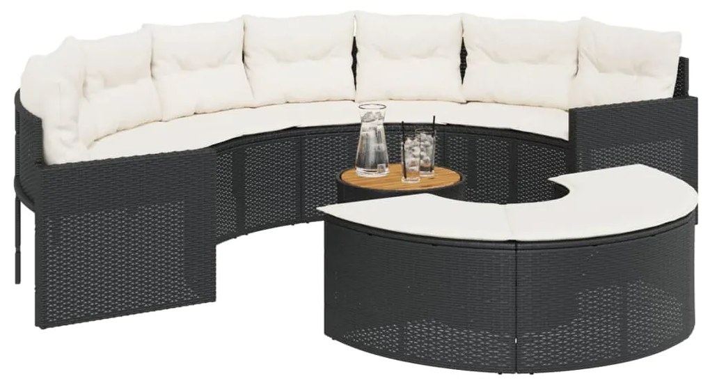 Set divani da giardino semicircolare 3 pz in polyrattan nero