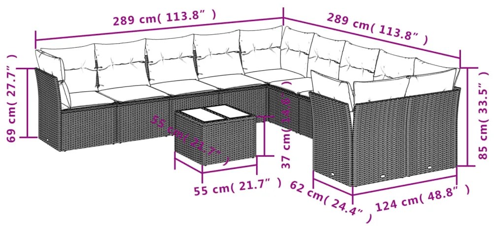 Set divani da giardino 11 pz con cuscini in polyrattan nero