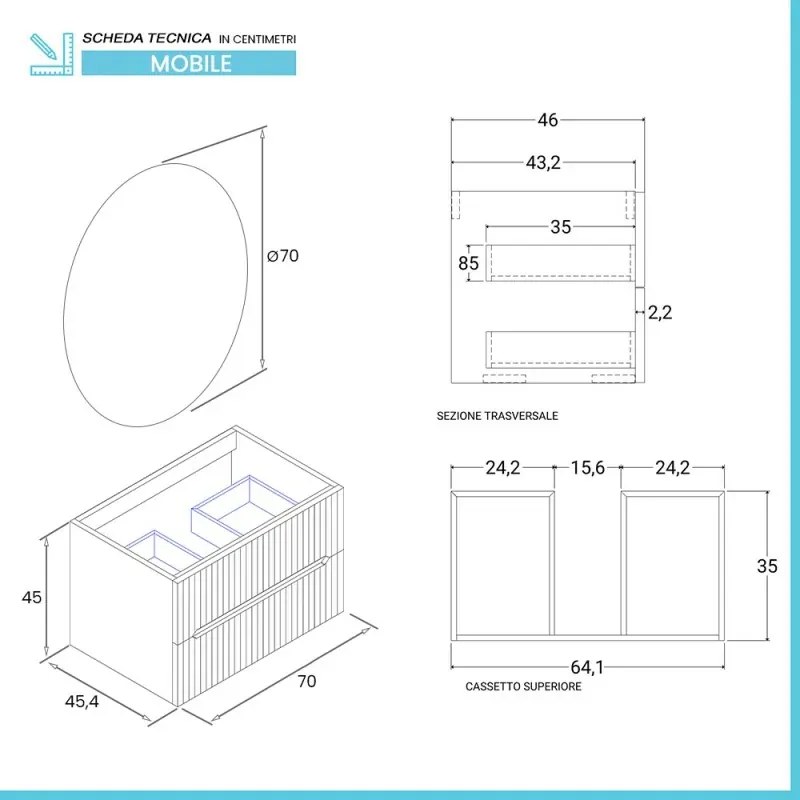 Mobile bagno sospeso 70 cm blu petrolio cannettato con specchio Bali