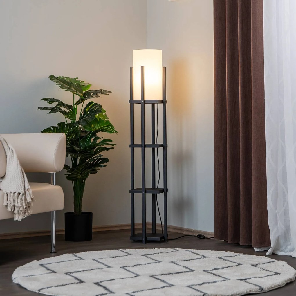 Opviq Lampada da terra 8111 nera, mensola, paralume in tessuto bianco