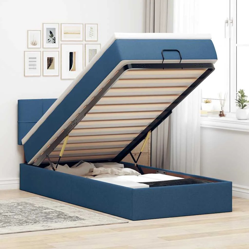 Struttura Letto Pouf Con Materasso Blu 90x190 Cm İn Tessuto /