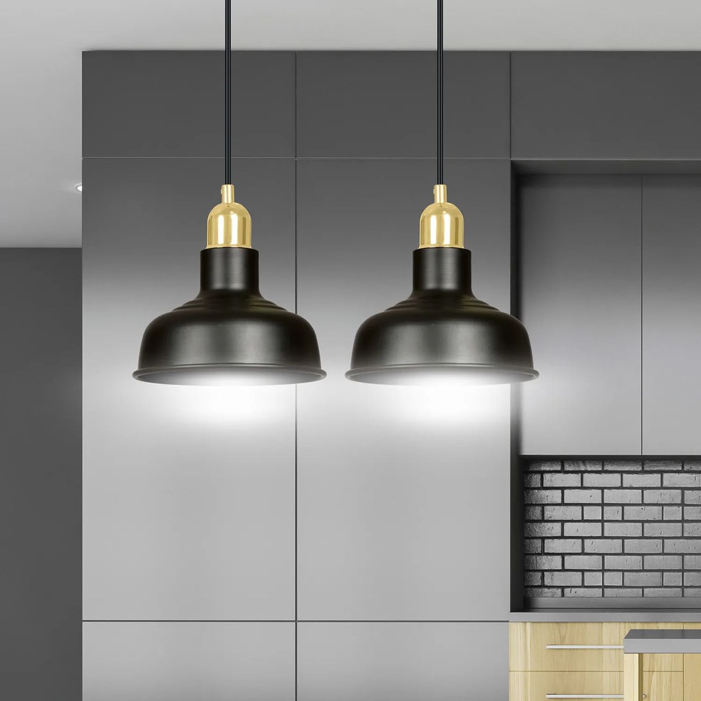 Lampadario Industrial 2 Luci Kubera In Acciaio Nero Con Elementi In Oro