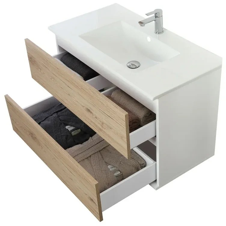 Mobile Bagno Sospeso 90 cm Rovere di Bordeaux in Legno 2 Cassetti