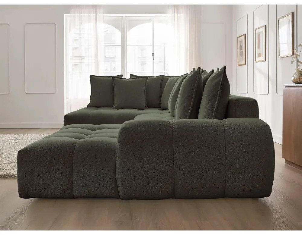 Divano angolare verde allungabile e con contenitore (penisola a sinistra/a U) con rivestimento in ciniglia Everest – Bobochic Paris