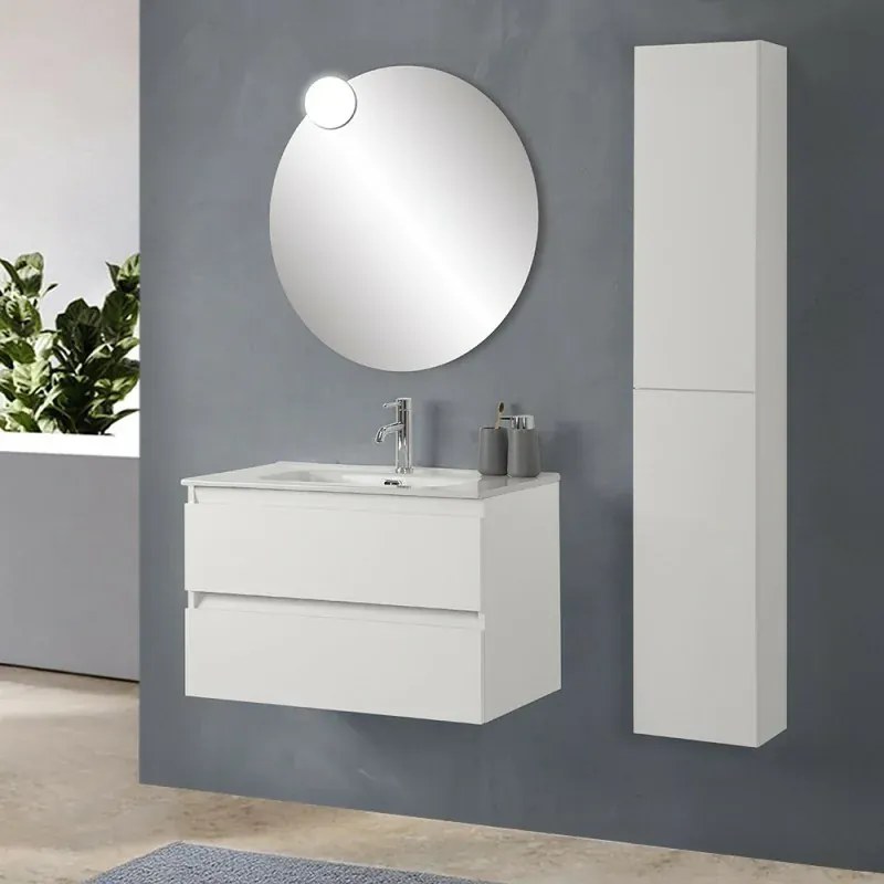Mobile bagno sospeso 100 cm in legno bianco lucido 2 cassettoni con lavabo e specchio Leda