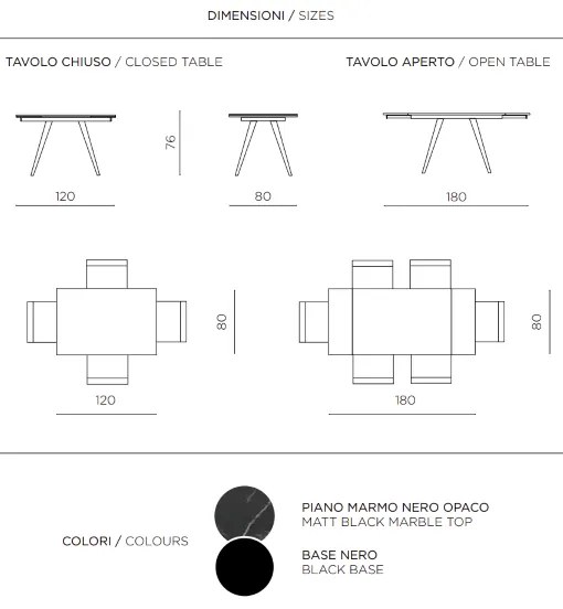 Tavolo con piano effetto Marmo Nero base metallo allungabile fino a 180 cm ORESTE