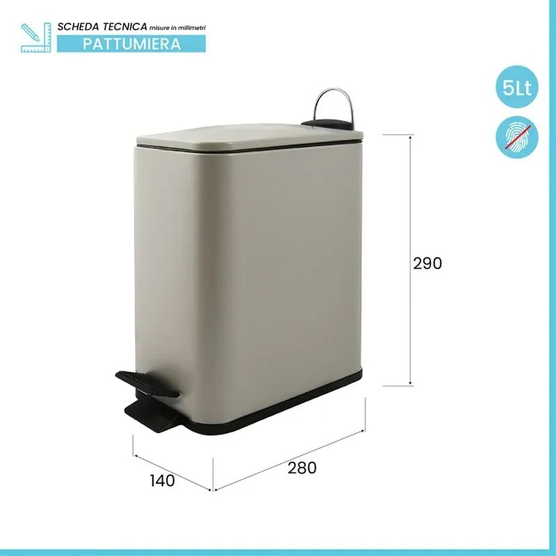 Pattumiera bagno 5 Lt in acciaio tortora opaco con apertura a pedale Rexa
