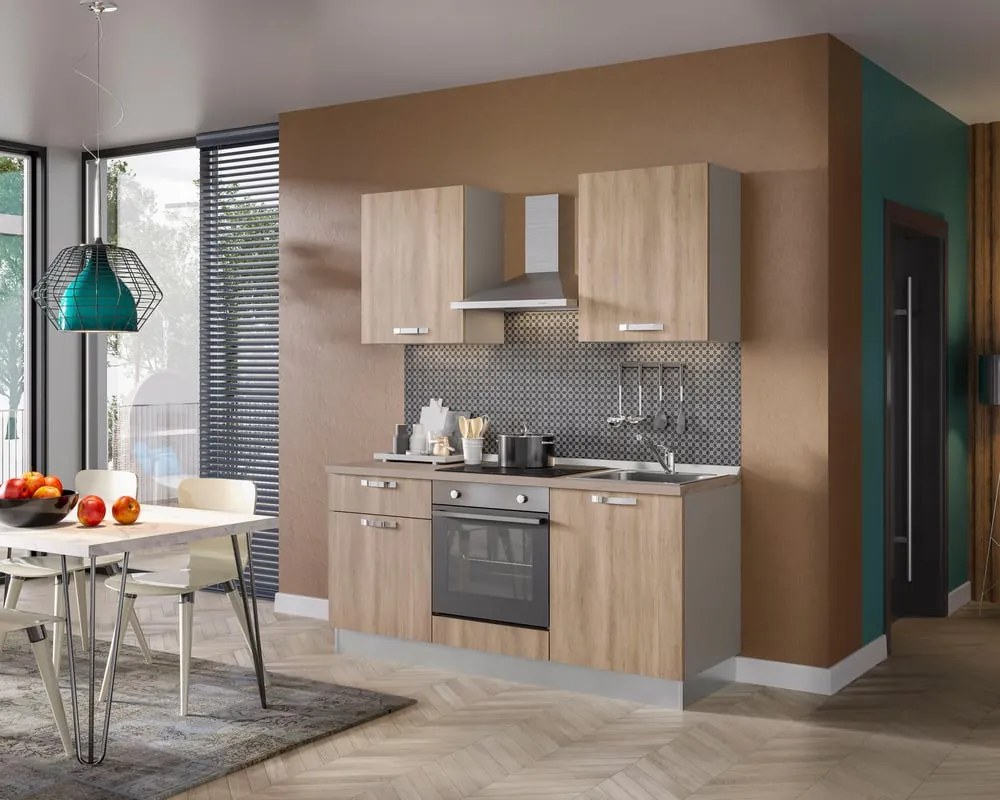 Cucina montata Dora rovere chiaro, lavello reversibile, L 180 cm, completa di: cappa a camino, piano cottura a induzione, forno,