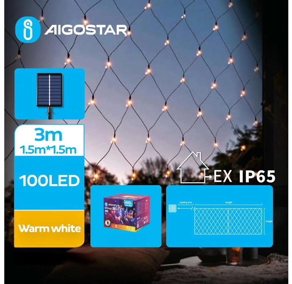 Aigostar - Catena di Natale solare a LED 100xLED/8 funzioni 4,5x1,5m IP65 bianco caldo