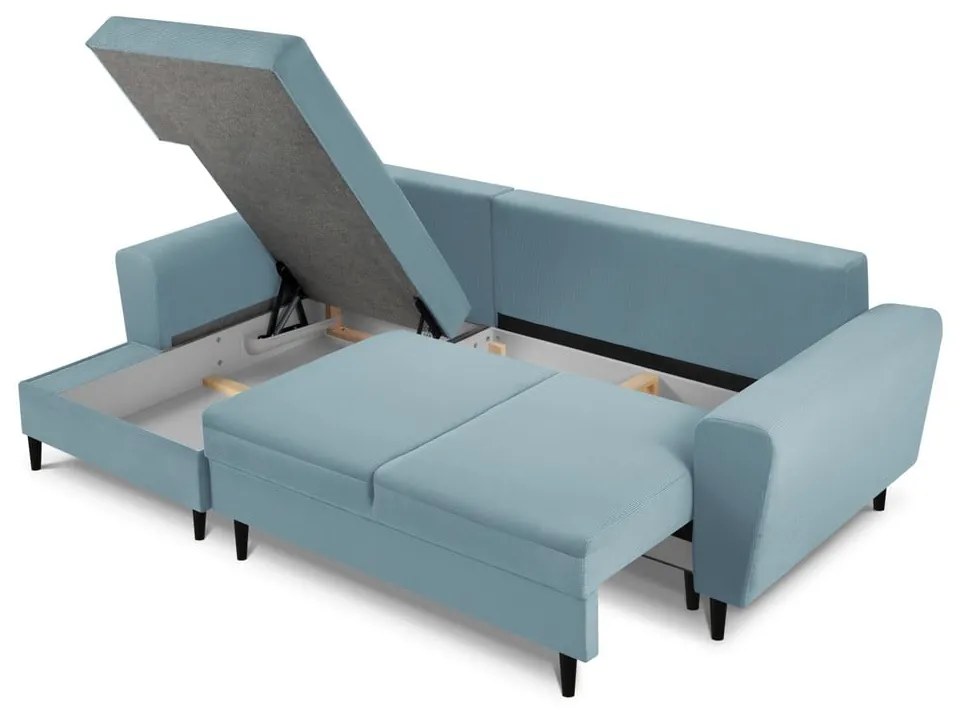 Divano angolare azzurro allungabile e con contenitore (con penisola a sinistra/con chaise lounge) con rivestimento in velluto a coste Kyoto – Cosmopolitan Design