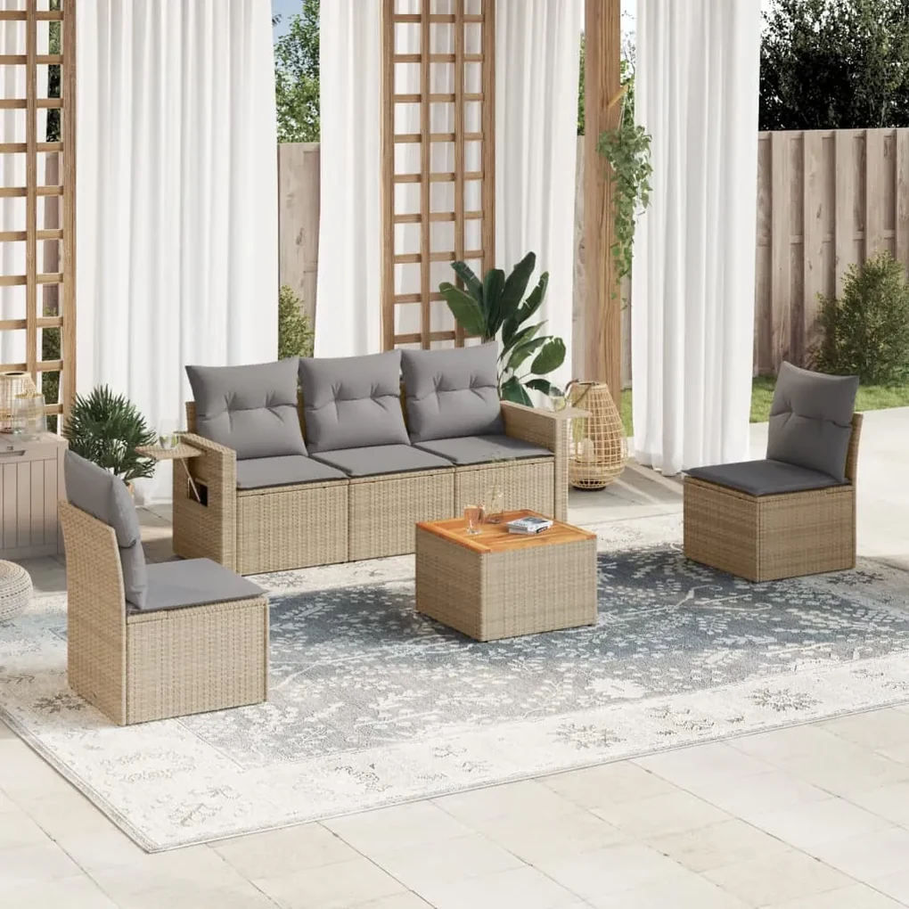 Set divano da giardino 6 pz con cuscini beige misto polyrattan