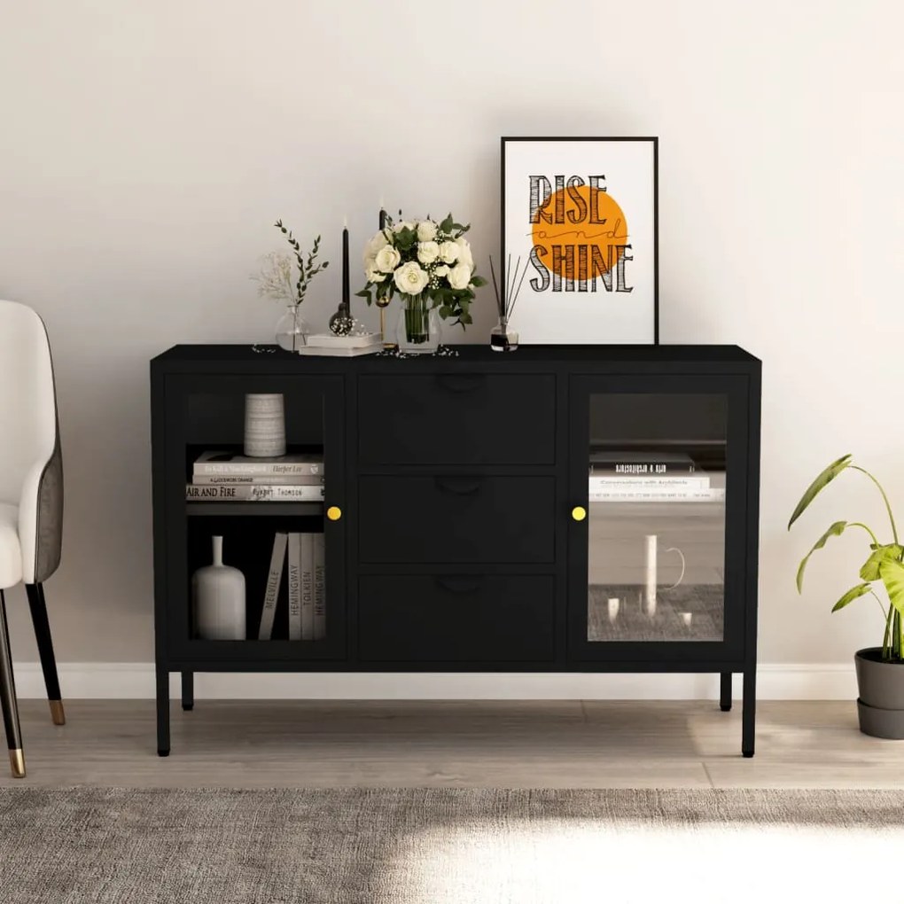 Credenza Nera 105x35x70 Cm İn Acciaio E Vetro Temperato /