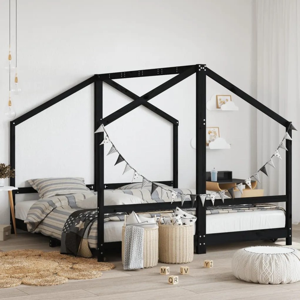 Giroletto Per Bambini Nero 2x(90x190) Cm Legno Massello Di Pino /