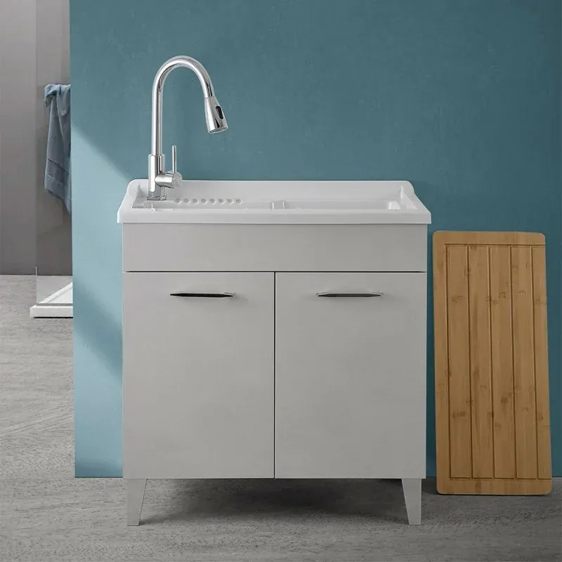Mobile lavatoio 80x50 cm grigio calce vasca in resina e kit di scarico Moon