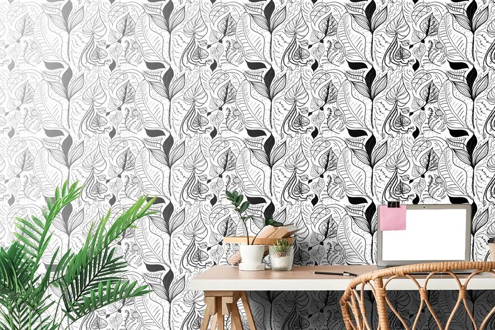 Carta da parati – Foglie magiche in versione bianco e nero