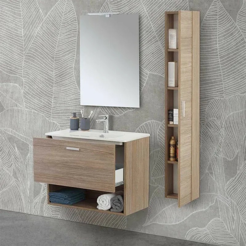 Mobile bagno sospeso 80 rovere tropea con pensile 150 lavabo e specchio Martha