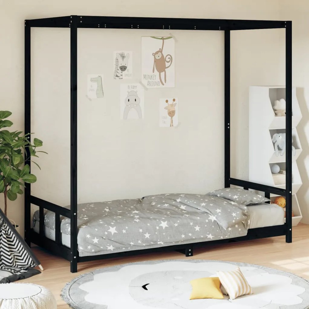 Giroletto Per Bambini Nero 90x190 Cm İn Legno Massello Di Pino /