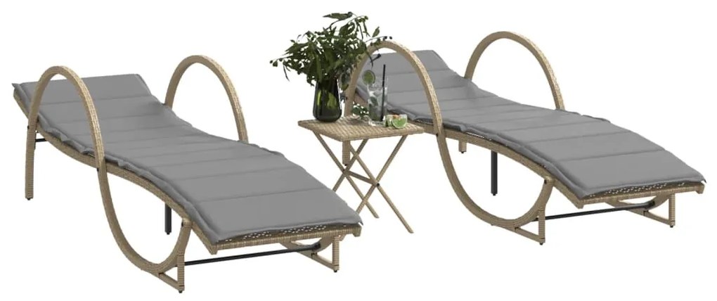 Lettini prendisole 2 pz con tavolino beige in polyrattan