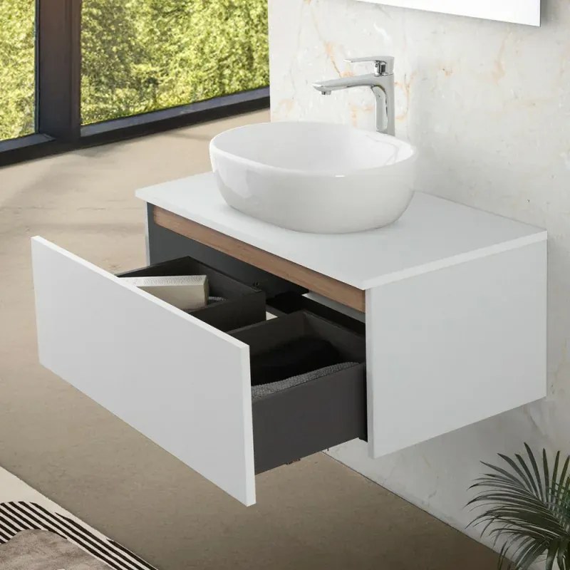 Mobile bagno sospeso 80 cm bianco e rovere con lavabo e specchio Kleo
