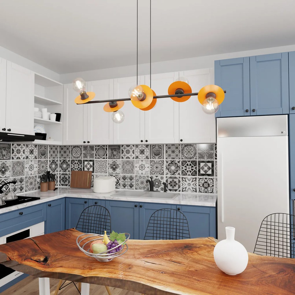 Lampadario 6 Luci Eos In Acciaio Nero E Arancio Con Barra E Diffusori A Piatti